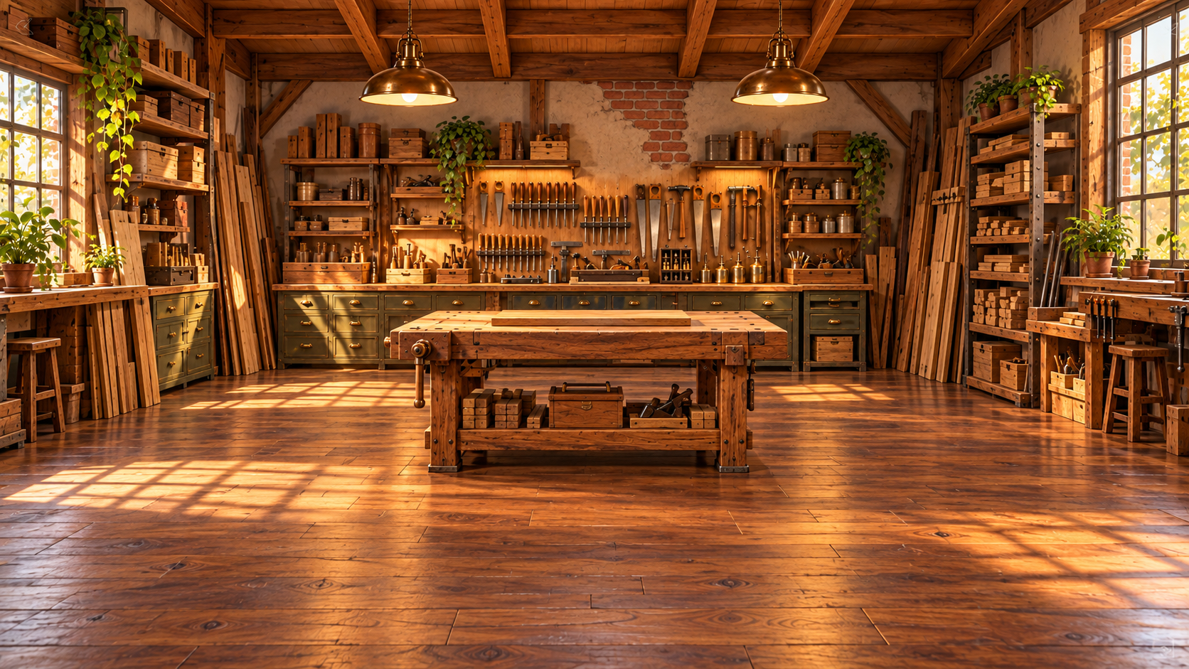 Carpintería amplia con banco de trabajo, pasillos, ventanas y estantes de materiales